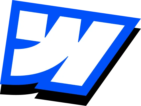 Stylized white letter W with a blue border on a black background.