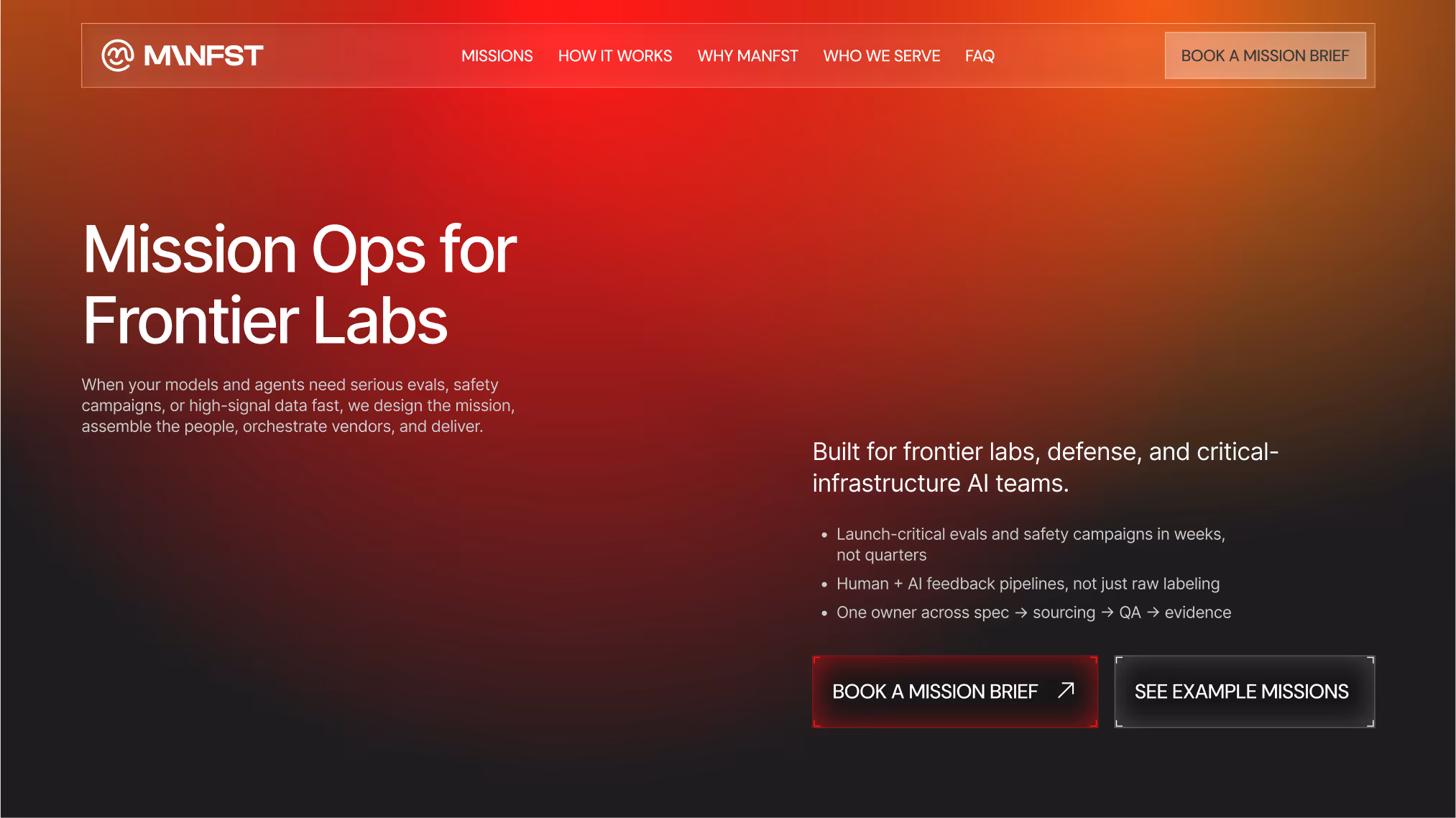 Website homepage section for MANFST showing 'Mission Ops for Frontier Labs' with navigation menu and call-to-action buttons on a red gradient background.