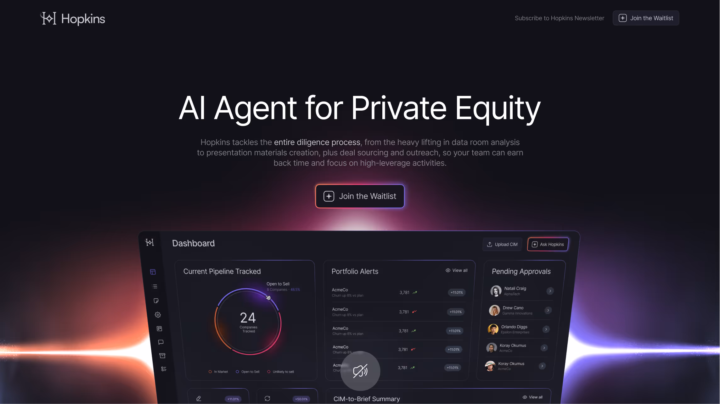 Hopkins AI agent dashboard for private equity showing company tracking, portfolio alerts, and pending approvals on dark background with join waitlist button.