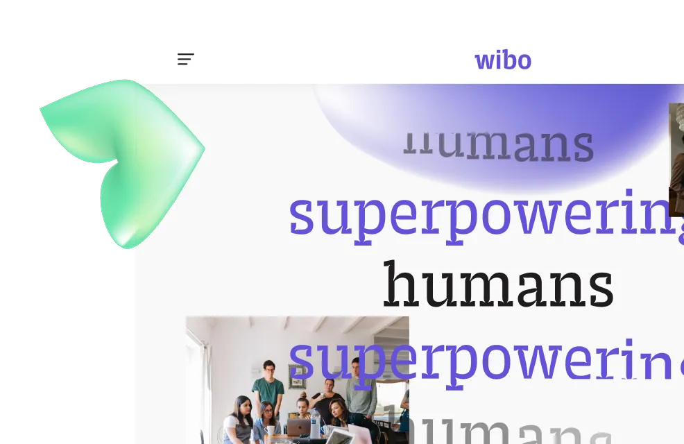 Website header with group of people gathered around a laptop, and repeating text 'humans superpowering humans' in various orientations.