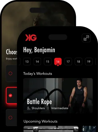 Fitness app screen greeting Benjamin, showing today's workout Battle Rope for shoulders at intermediate level, with photo of a man holding battle ropes.
