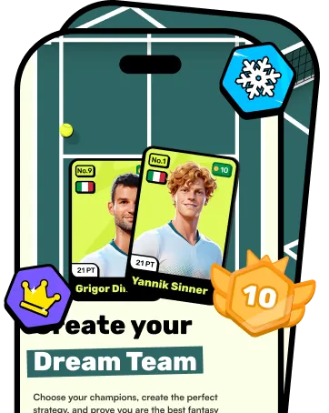 Mobile game screen showing two player cards, Yannik Sinner and Grigor Dimitrov, with icons for ranking and achievements and text inviting users to create their dream team.