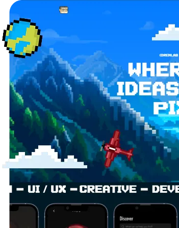 Pixel art landscape with mountains, blue sky, clouds, a pixelated Earth, a red airplane, and partial text about ideas and creativity.