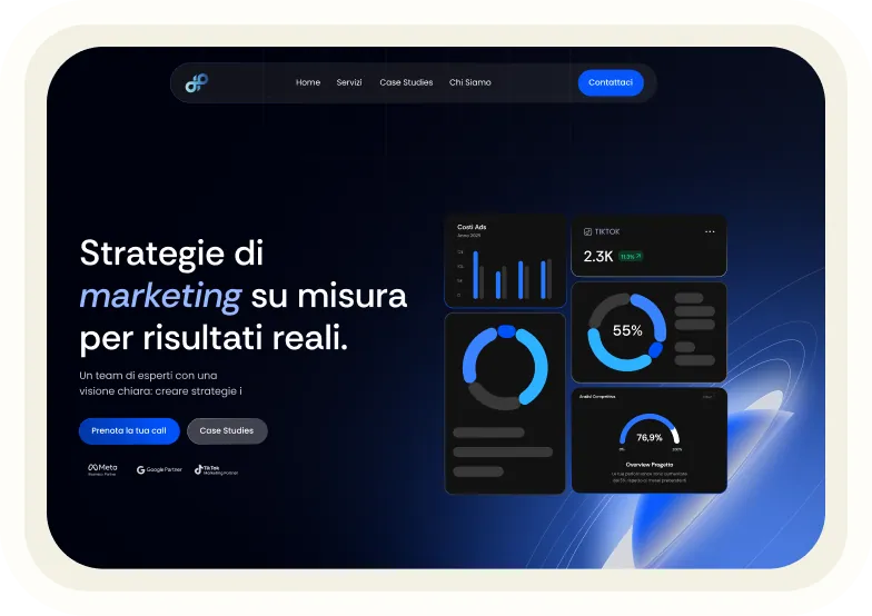 Italian marketing service webpage showing data charts, including TikTok stats and competitive analysis, with call-to-action buttons.