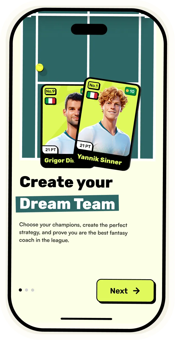 Mobile screen showing two tennis player cards, Grigor Dimitrov and Yannik Sinner, with a tennis court background and text encouraging users to create their dream team in a fantasy coaching game.