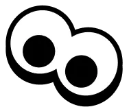 Two white overlapping circles each containing a smaller black circle, resembling stylized eyes on a black background.
