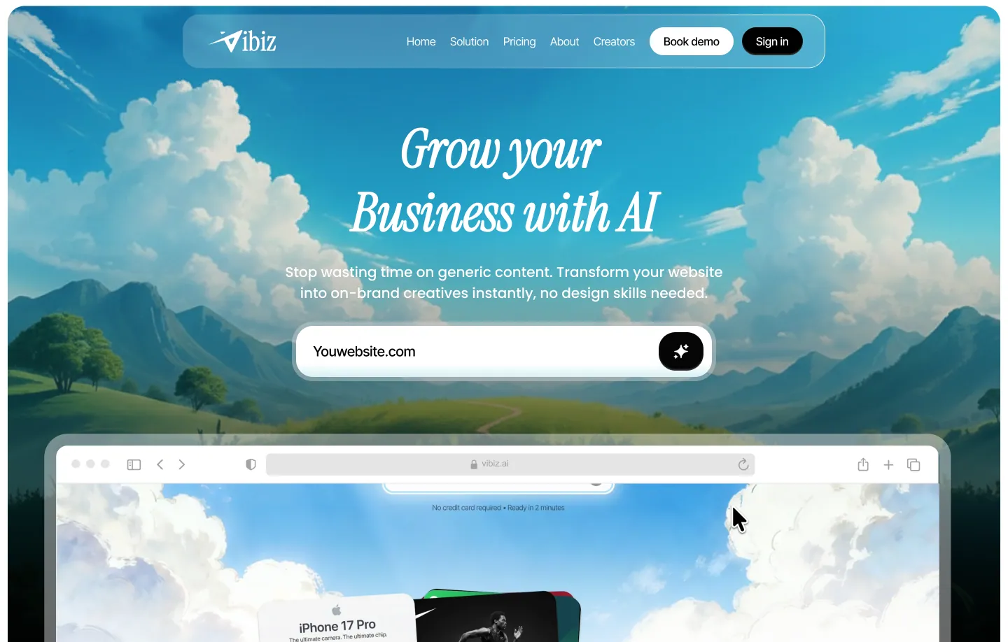 Website homepage showing a blue sky with clouds and mountains background, with the text 'Grow your Business with AI' and a search bar labeled 'Youwebsite.com'.