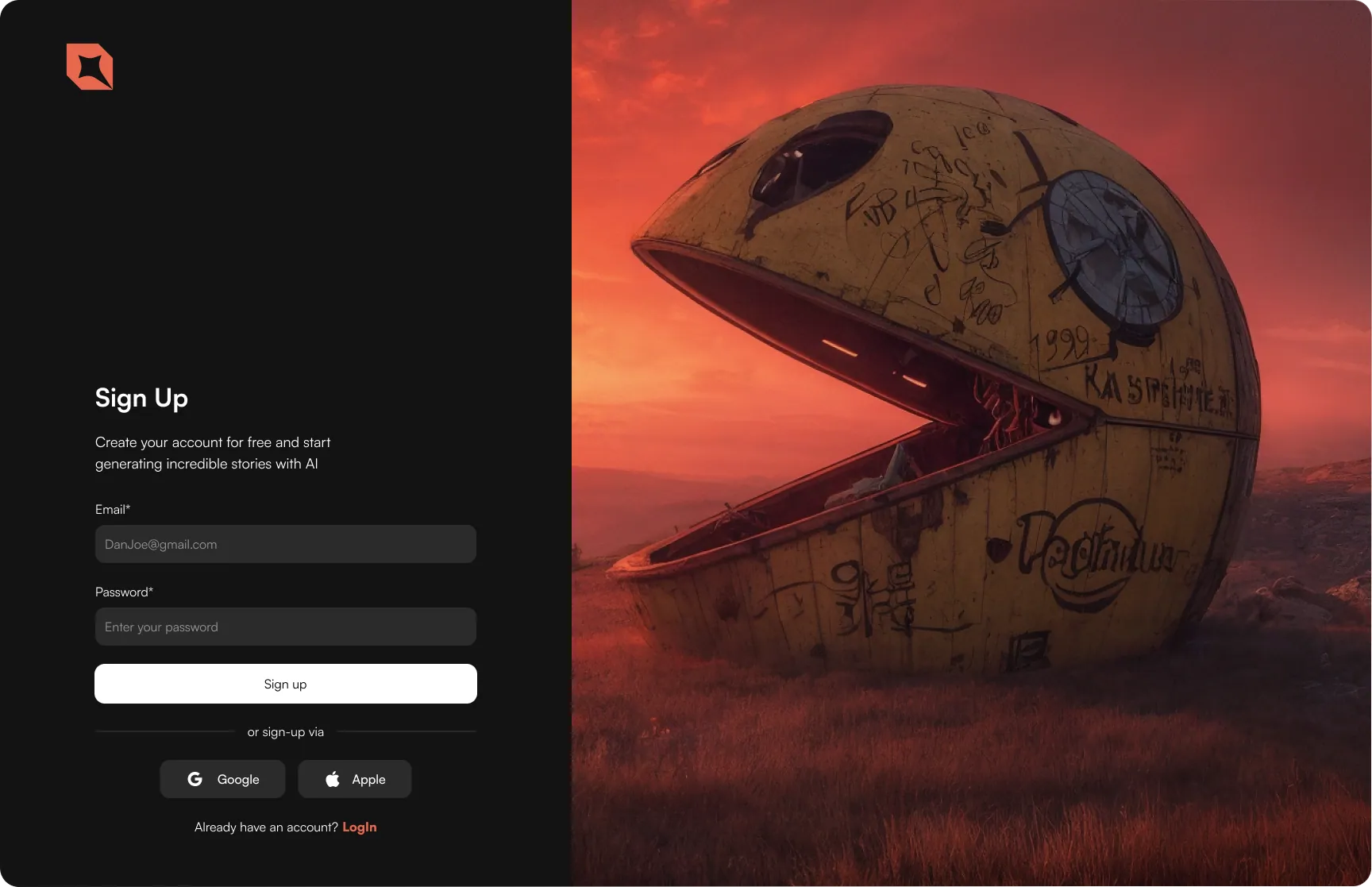 Sign-up form beside an image of a large, weathered Pac-Man sculpture with graffiti in a red-orange sunset field.