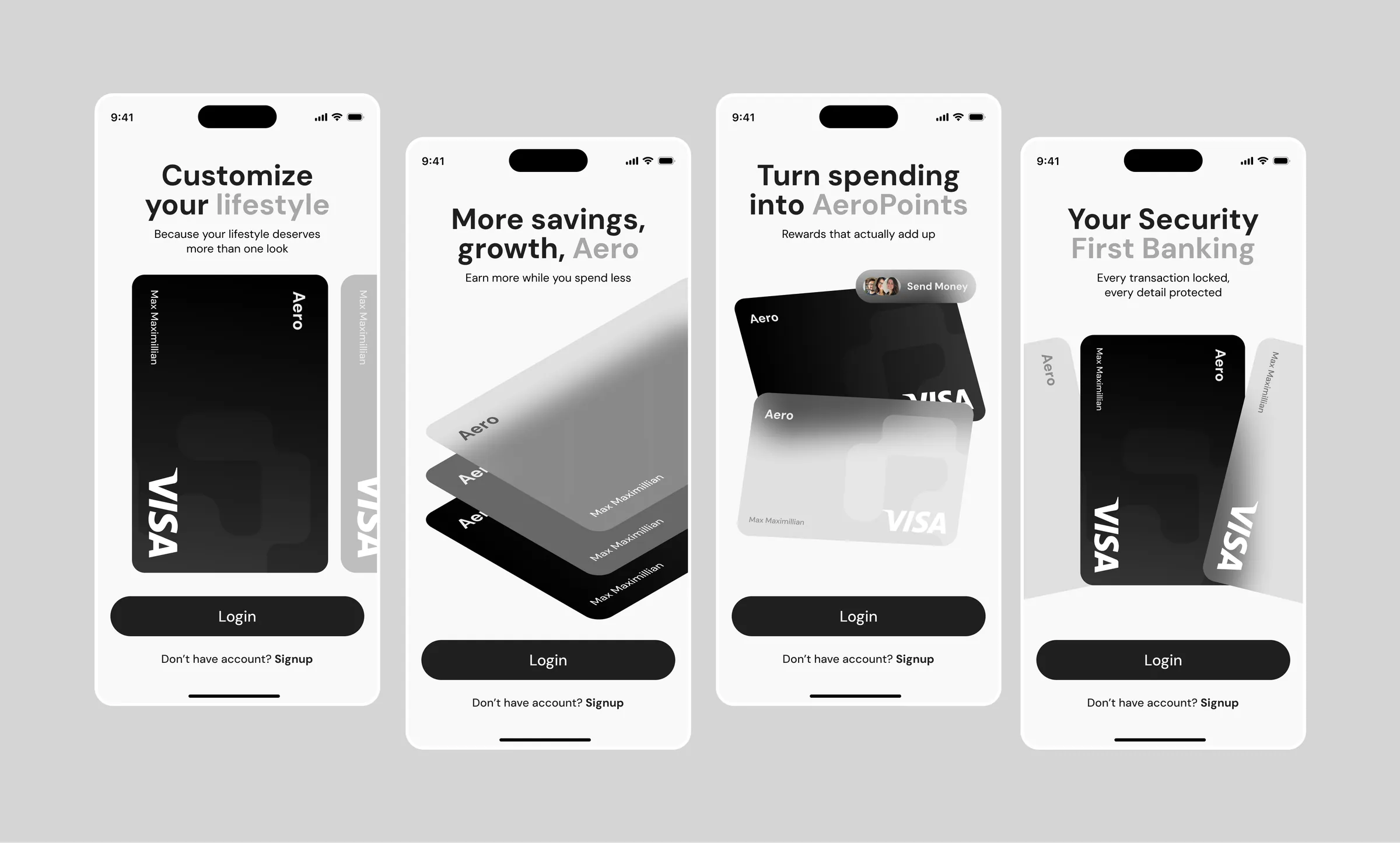 Four mobile screens displaying Aero Visa card features: lifestyle customization, savings growth, earning AeroPoints, and security with login and signup options.