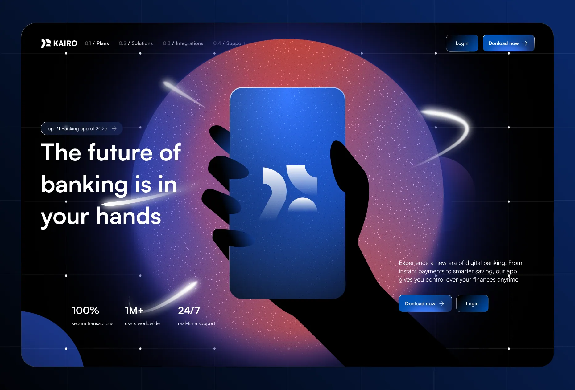 Dark silhouette of a hand holding a blue smartphone with the Kairo logo, set against a glowing red and purple circular background with text promoting a digital banking app.