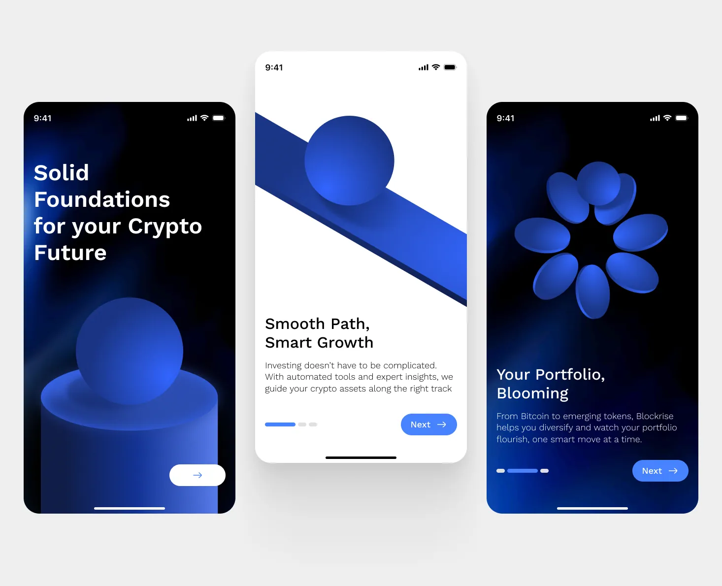 Three phone screens showing a crypto investment app with blue 3D shapes and texts about solid foundations, smooth growth, and portfolio blooming.