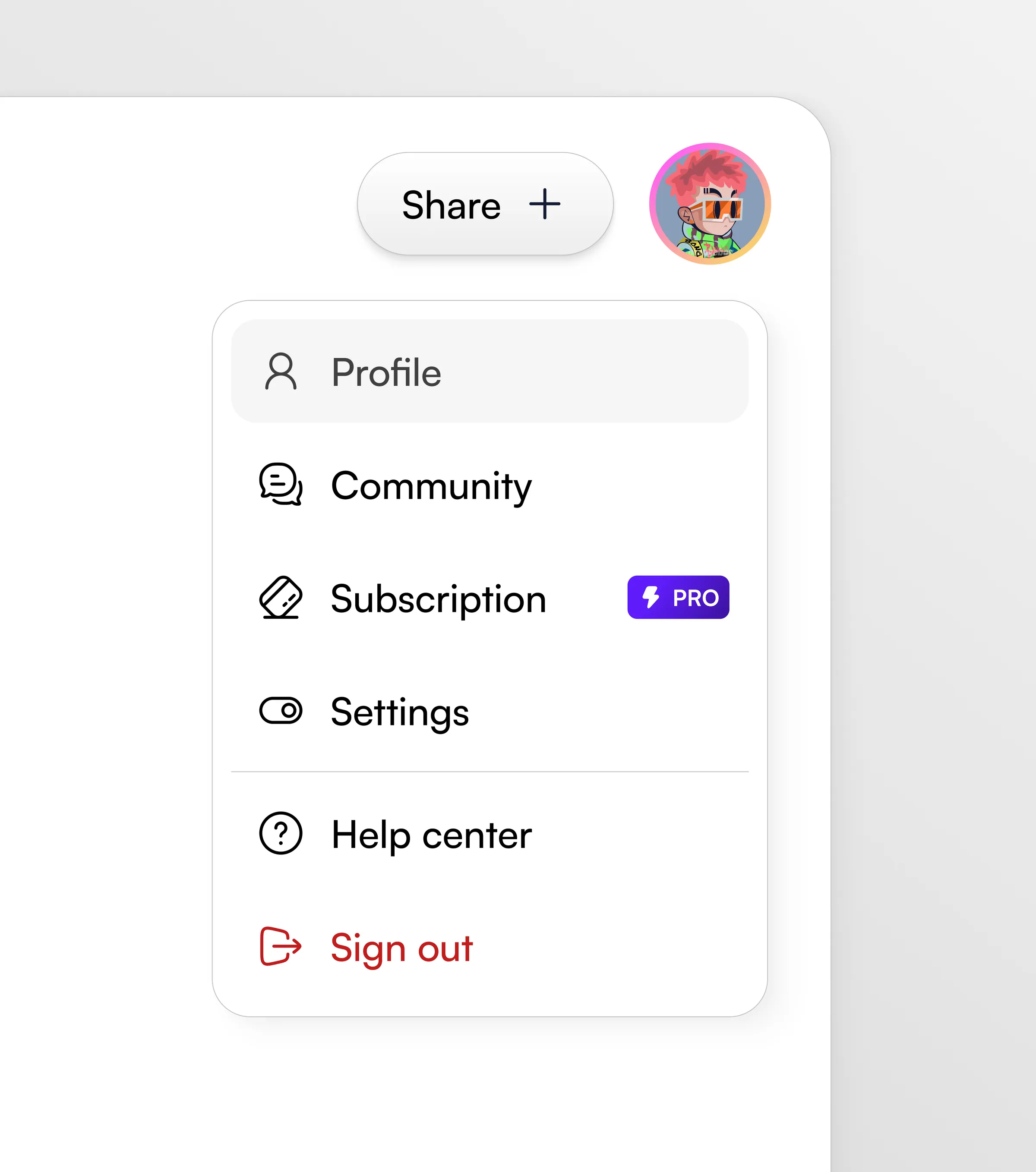 User profile dropdown menu showing options: Profile, Community, Subscription with Pro badge, Settings, Help center, and Sign out in red.