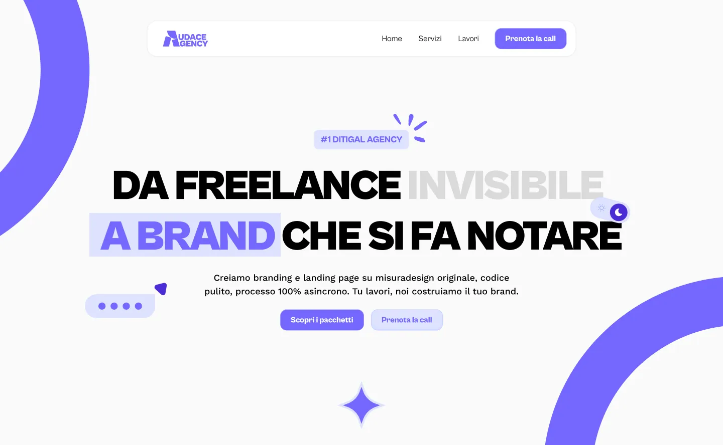 Website homepage with navigation bar including Home, Servizi, Lavori, and a call-to-action button 'Prenota la call'; main text promotes branding services from invisible freelancer to noticeable brand in Italian with buttons to discover packages and book a call.