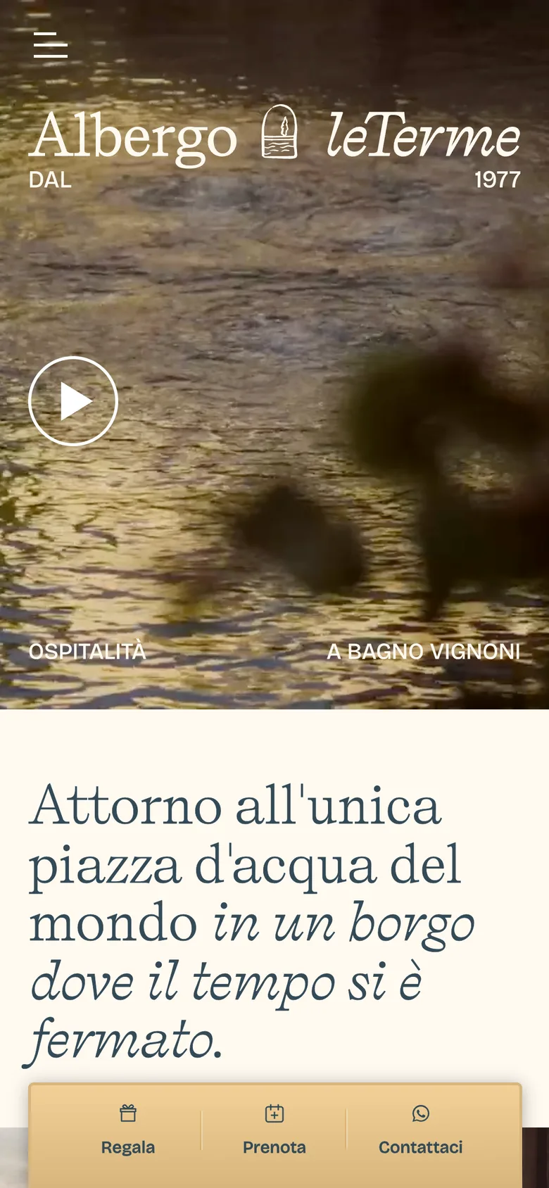 Albergo le Terme homepage on mobile, with the video hero