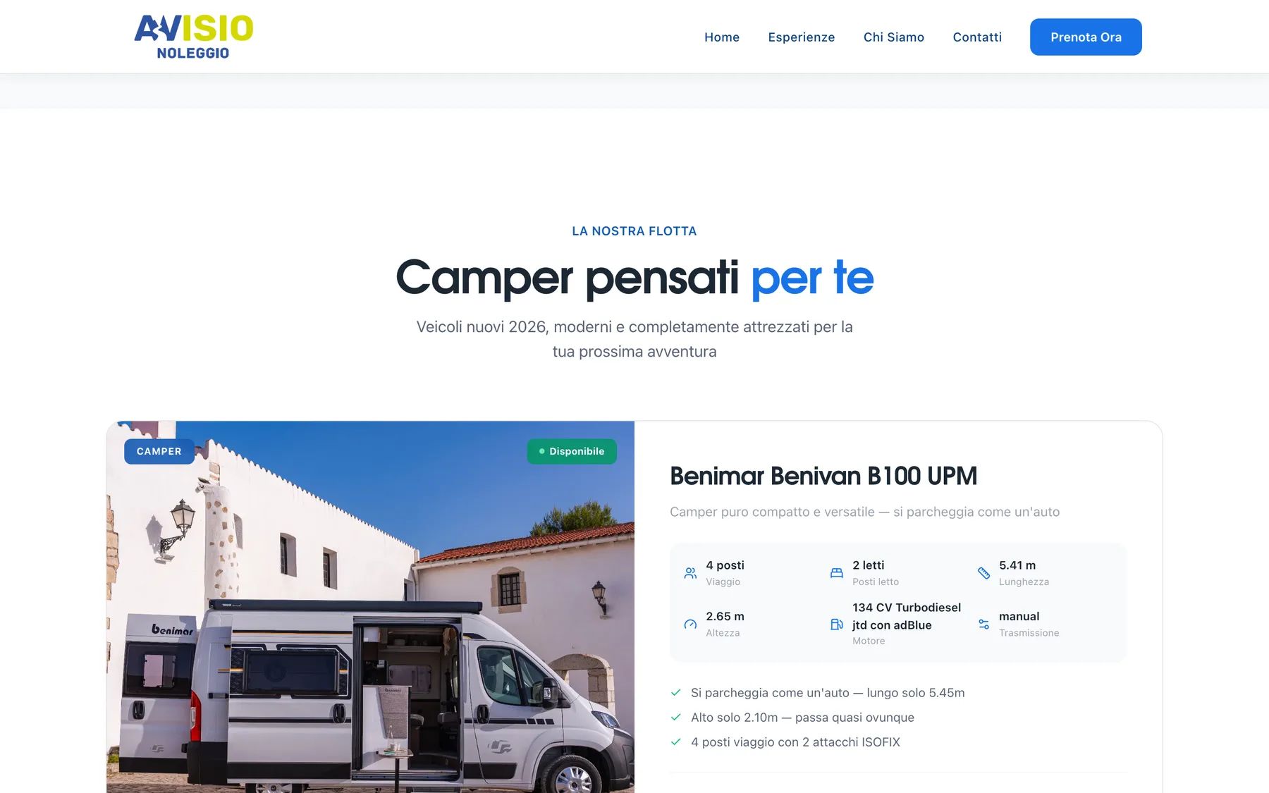 Avisio Noleggio fleet section with a camper card, specs and price