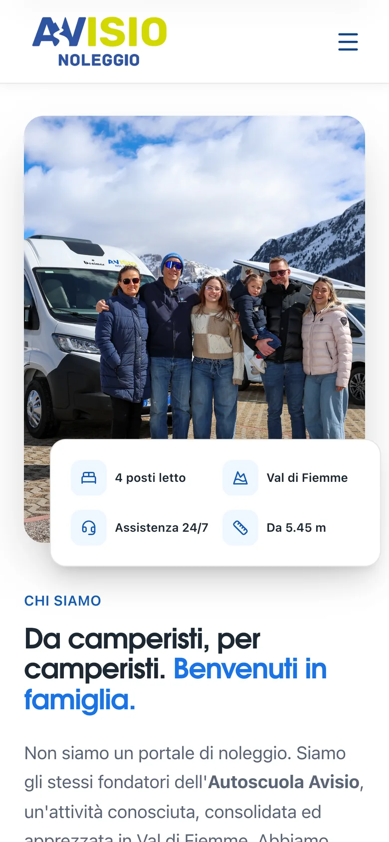 Avisio Noleggio about section on mobile, with the team photo